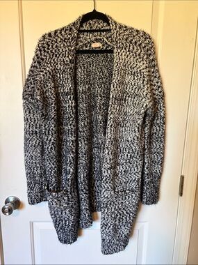 Open-Front Marled Black and White Cardigan Sweater